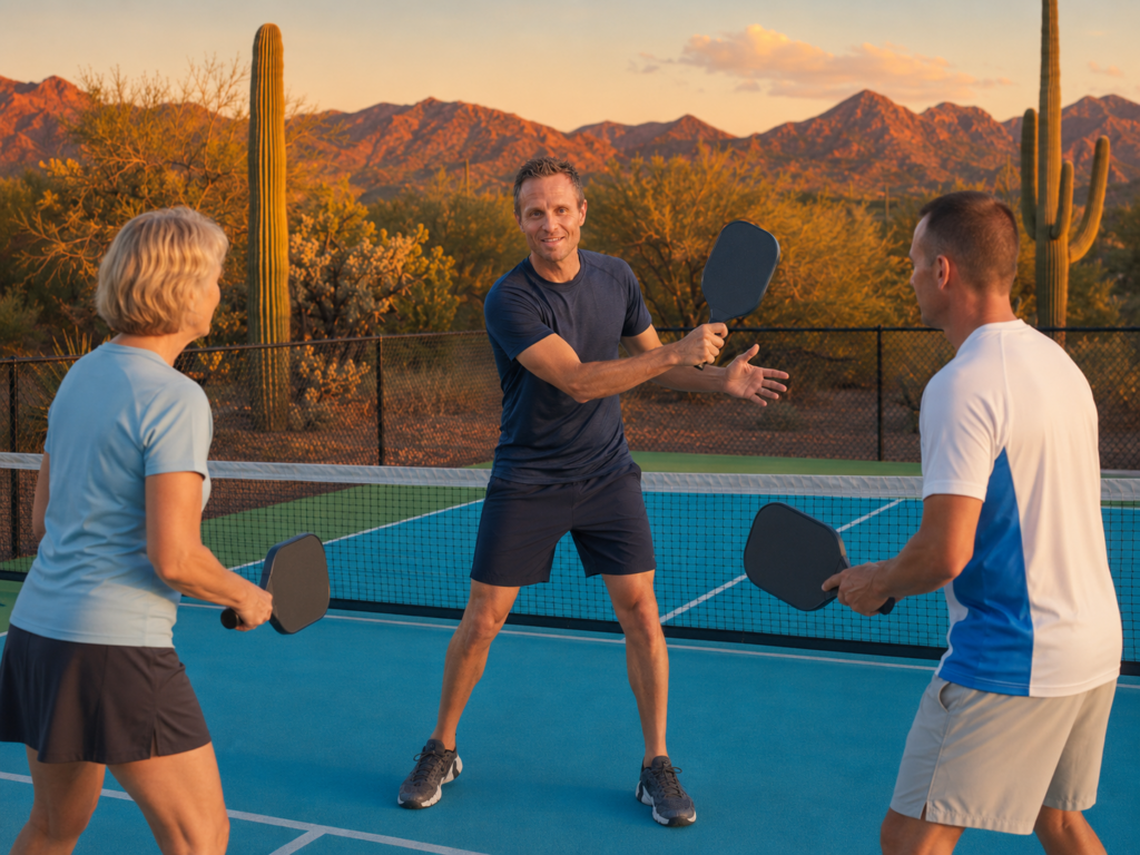 Pickleball coach and two students
